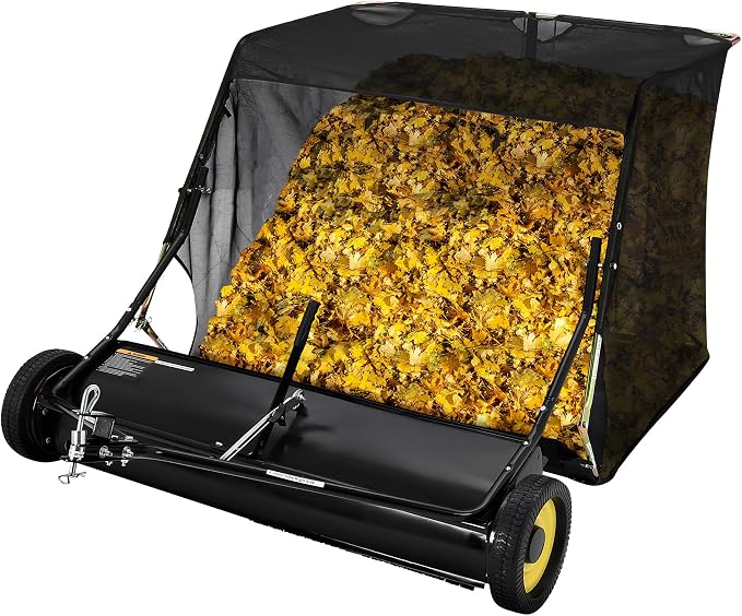 44" Tow Behind Lawn Sweeper for Riding Mower, 12 Cu ft Large Capacity Grass and Leaf Collector, Adjustable Brush Height Yard Sweeper with Dump Rope, Heavy Duty Yard Leaf Collector for Lawn