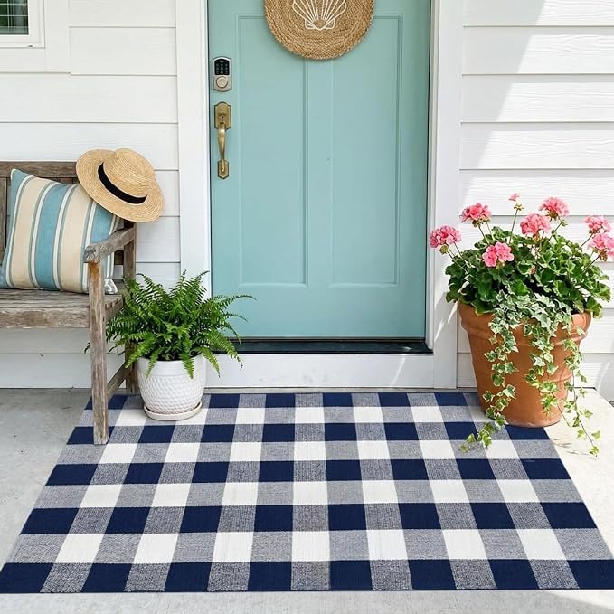 Buffalo Plaid Outdoor Rug 3x5 Ft Navy Blue and White Checkered Area Rug Washable Doormats Indoor Outdoor Rugs for Layered Front Door Mats, Porch, Entryway, Kitchen, Farmhouse