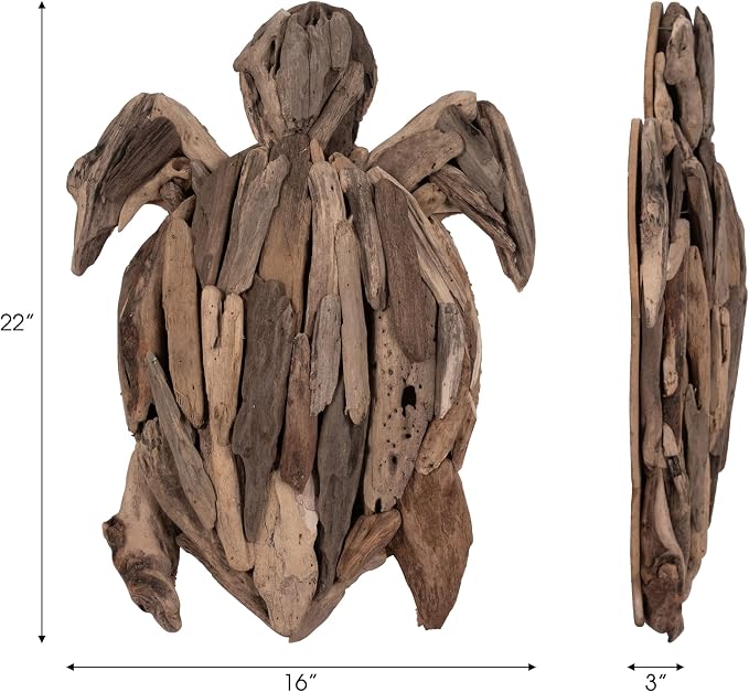 Wooden Driftwood Turtle Sculpture – Relaxed Coastal Room Decor Accent, Living Room or Patio Wall Display, Organic Texture and Artful Home Decor Silhouette – 16"x 22"x 3", Brown