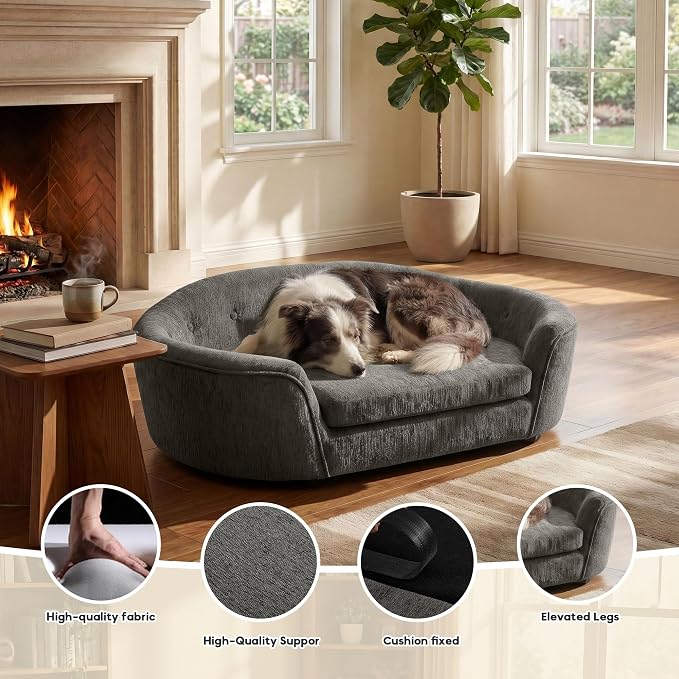 Dog Couch Bed with Oval Semi-Enclosed, Durable Linen Material Pet Sofa Couch with Soft Foam Cushion, Dog Sofa Bed with Legs for Medium Dogs, Dark Grey