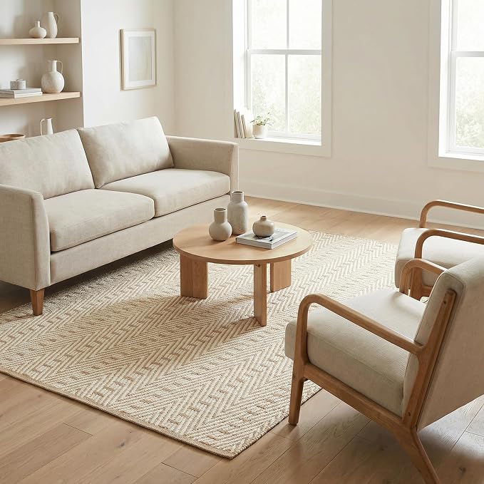 THE BEER VALLEY Jute Cotton Geometric Area Rug 5x7 Feet - Natural White | Large Boho Neutral Fiber Rugs for Living Room, Easy Care Ivory Beige Dining Décor Carpet