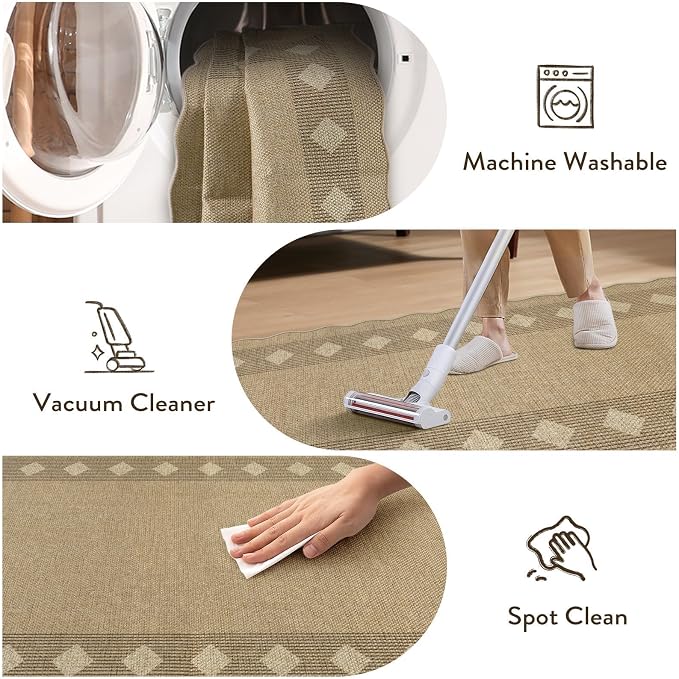 LIVEBOX Scalloped Easy Jute Diamond 3x5 Outdoor Rug, Washable Non-Slip Tan Rugs for Entryway, Geometric Checkered Indoor Outdoor Rug Farmhouse Carpet Door Mat for Patio Porch Bedroom Living Room