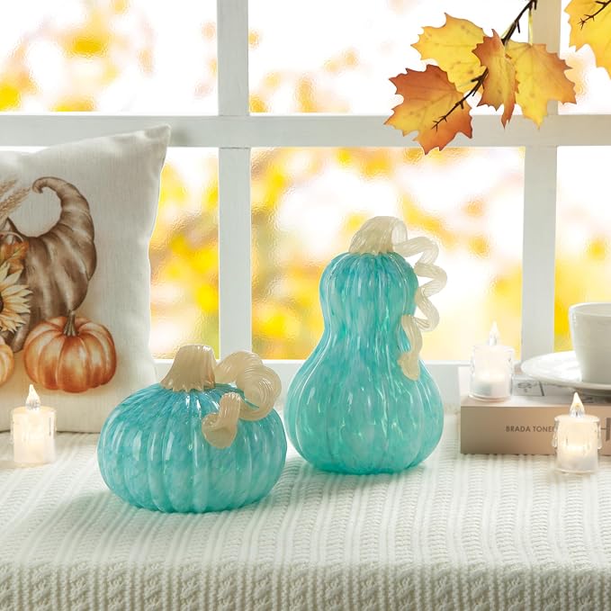 Glitzhome Hand Blown Glass Pumpkin Decor 8.5" Turquoise - Artisan Fall Harvest Thanksgiving Table Centerpiece Halloween Home Decor