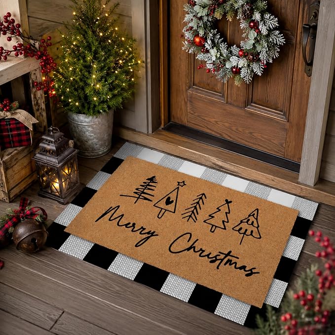 Tinideya 2 Pcs Door Mat Welcome Non Slip Coir Mats Floor Layering Doormats Seasonal for Front Porch Entryway Decor(Christmas)