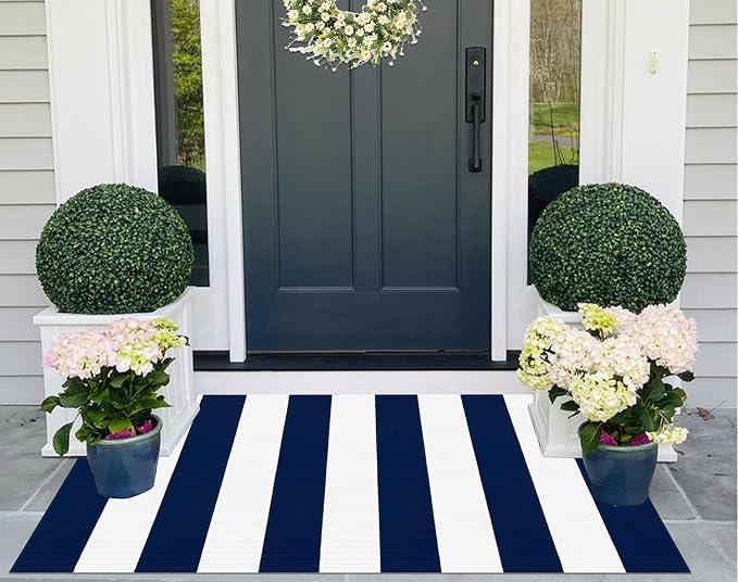 Blue and White Layered Doormat 2.3'x3.6,Machine Washable Porch Rug Cotton Woven Striped Farmhouse Small Area Rug for Porch/Home Entrace Decor/Bedroom/Layered Door Mats