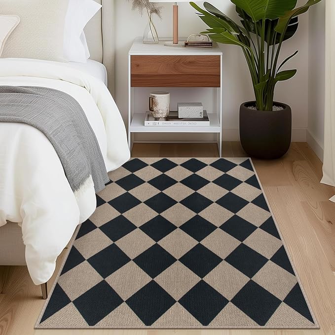 Rugalia Easy Jute Small Outdoor Patio Rug, 3x5 Black Checkered Entryway Rug Washable Modern Diamond Kitchen Rugs, Non-Slip Neutral Farmhouse Throw Carpet for Living Room Porch Backyard