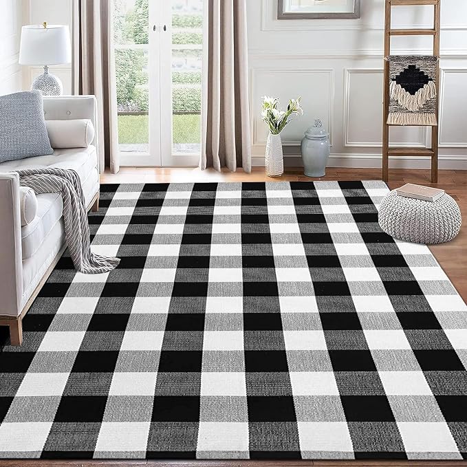 Buffalo Plaid Outdoor Rug 4'x6' Washable Black White Checkered Rug Indoor Outdoor Carpet Woven Cotton Door Mat for Front Porch, Kitchen, Bathroom, Entry Way, Living Room