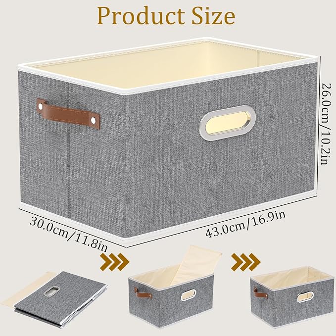Yawinhe Foldable Storage Baskets for Shelves,16.9x11.8x10.2in,Grey,4-Pack | Collapsible Storage Bins for Towels, Container with Leather Handle for Organization, Fabric Rectangle Boxes for Home