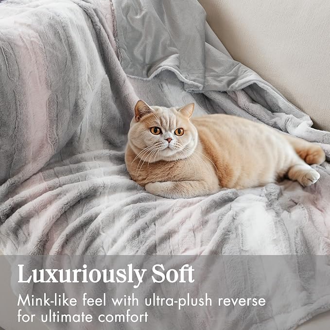 Madison Park Zuri Faux Fur Reversible Throw Blanket, 50 x 60 in, Blush/Grey | Oversized Soft Plush, Luxury, Animal Stripes, Mink Reverse, Modern, All Season, for Bed Sofa Couch, OEKO-TEX Certified