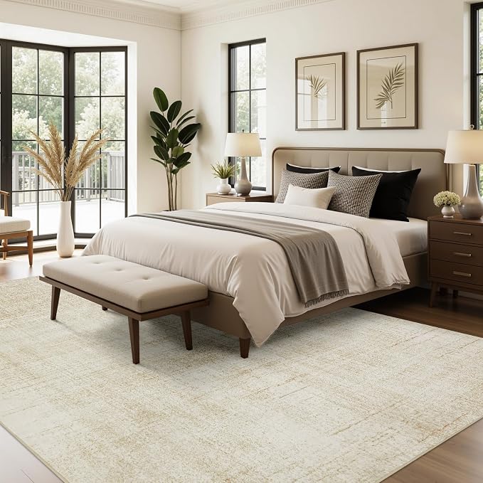 Joydeco Boho Washable Abstract Beige 5x7 Area Rugs for Living Room Bedroom | Abstract Neutral Classic Low Pile Soft Pet and Child Friendly Indoor Throw Carpet for Dining Room Guest Room Farmhouse Office