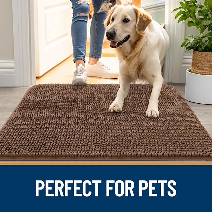 OLANLY Dog Door Mat for Muddy Paws 32x20, Absorbs Moisture and Dirt, Absorbent Non-Slip Washable Doormat, Quick Dry Chenille Mud Mat for Dogs, Entry Indoor Entryway Carpet for Inside Floor, Mocha