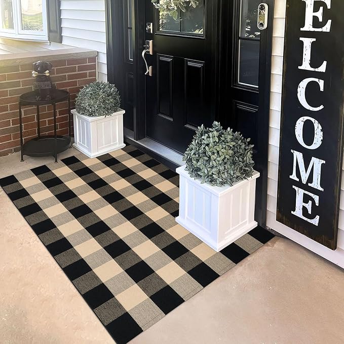 KILOCOCO Buffalo Plaid Checkered Rug 3x5 ft Front Door Rug, Brown and Black | Machine Washable Front Porch Rug, Outdoor Indoor Entryway Rug, Cotton Layered Doormat, Low Pile Rugs for Kitchen Patio