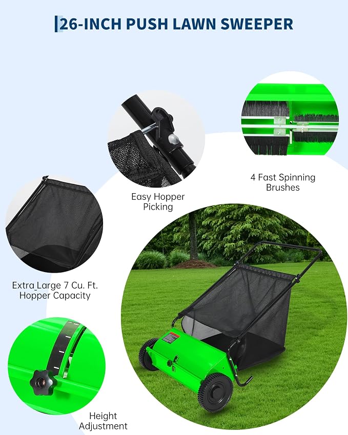 26 Inch Push Lawn Sweeper, 7 Cu.ft Large Capacity Leaf Collector with 4 Spinning Brushes, Adjustable Height Heavy Duty Steel Frame Lawn Sweeper with Rubber Wheels for Yard Garden Grass Leaves Debris