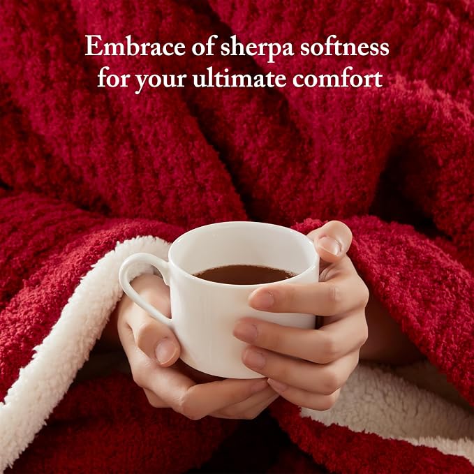 Madison Park Rowan Sherpa Throw Blanket Waffle Weave, 50 x 60, Red | Cozy Warmth for Sofa or Bed, Reversible, Lightweight, Farmhouse, OEKO-TEX Certified