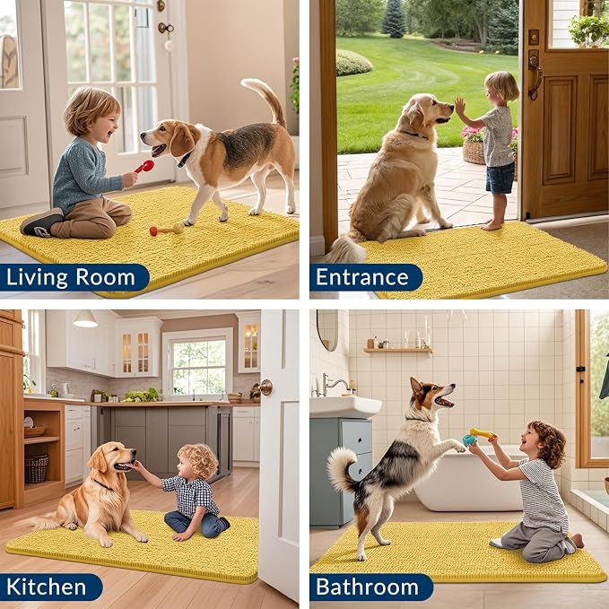 Smiry Dog Door Mat for Muddy Paws 30x20, Absorbent Dirt Trapper, Non-Slip Washable Chenille Entryway Rug for Inside Floor, Yellow, Classic Solid