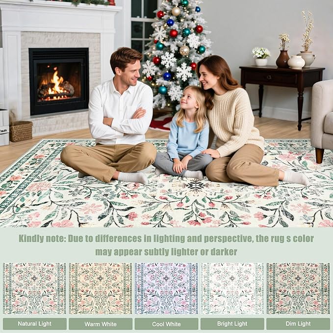 8x10 Area Rugs for Living Room: Floral Washable Rug Vintage Large Soft Boho Non-Slip Carpet Indoor Stain Resistant Low Pile Carpets for Bedroom Dining Room Farmhouse Nursery Home Office Green Beige
