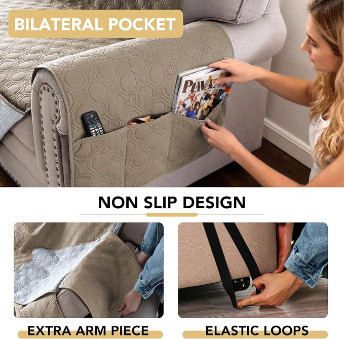 H.VERSAILTEX 100% Waterproof Couch Protector for Dogs Triple Non-Slip Couch Slipcover with Storage Pocket Thick Durable Sofa Covers Washable(XL Sofa, Taupe)