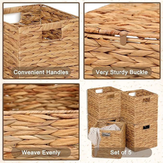 11x11in Wicker Storage Baskets Set of 5 Collapsible Water Hyacinth Basket | for Organizing,Handwoven Woven Bins for Bedroom,Living Room,Shelves - Natural