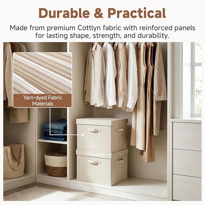 StorageWorks Storage Bins with Lid, Decorative Fabric Storage Bins with Handles, Stackable Closet Organizers for Shelves and Bedroom, Large, Khaki and Beige Stripes, 2-Pack