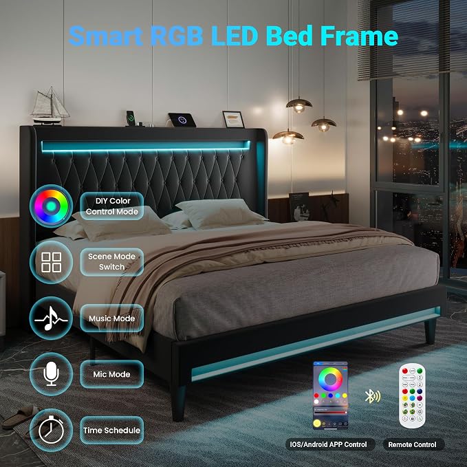 Allewie King Size Upholstered Bed Frame with LED & Charging Station, Black | Customizable LED lights, charging station, tufted wingback headboard, noise-reducing support, and no box spring needed.