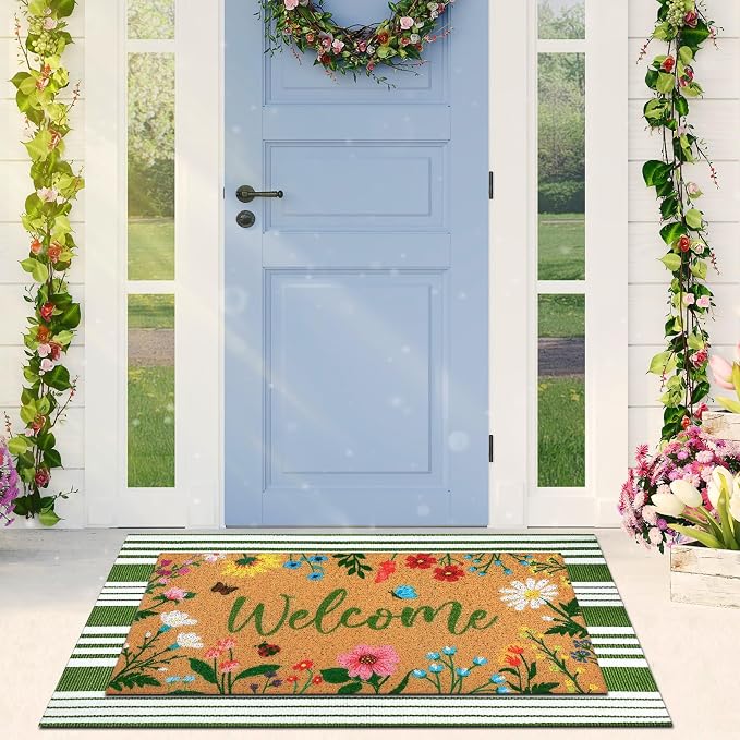 Tinideya 2 Pcs Summer Floral Welcome Door Mat Wildflower Outdoor Layered Doormats for Front Door Non Slip Summer Coir Floor Mat Green White Stripe Rugs for Outside Front Porch Entryway Decor