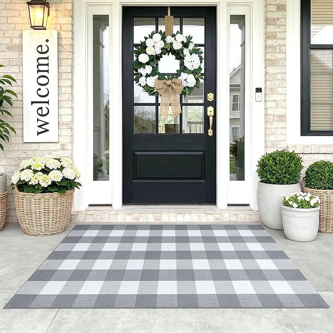 KOZYFLY Buffalo Plaid Area Rugs 3x5 Grey and White Washable Front Door Mat Woven Cotton Indoor Outdoor Rug for Front Porch Kitchen Entryway Patio Farmhouse Checkered Doormat