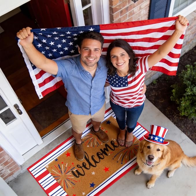 Moucuny 2 Pcs 4th of July Coir Door Mat Outdoor, Patriotic Non-Slip Decor