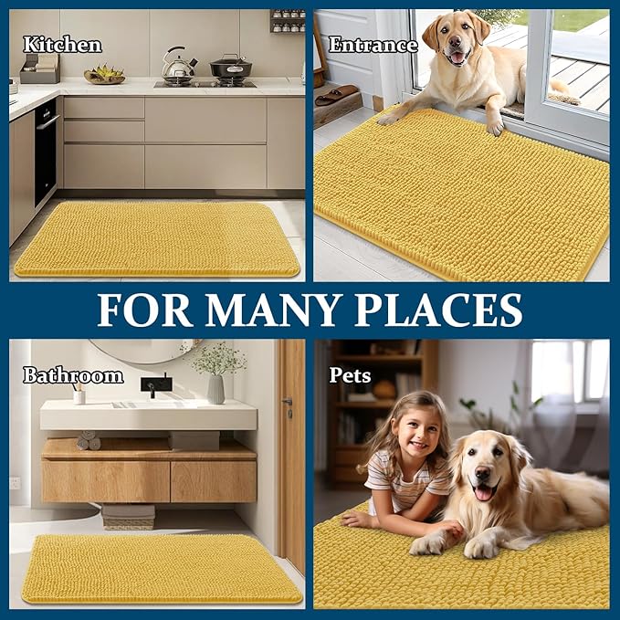 OLANLY Dog Door Mat for Muddy Paws 40x24, Absorbs Moisture and Dirt, Absorbent Non-Slip Washable Doormat, Quick Dry Chenille Mud Mat for Dogs, Entry Indoor Entryway Carpet for Inside Floor, Yellow