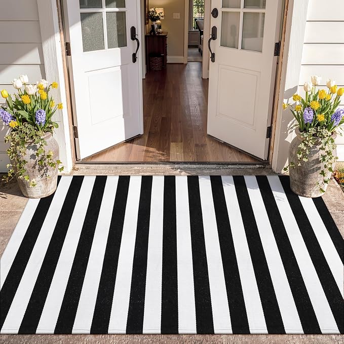 Collive Black and White Rug 4'x 6', Washable Striped Outdoor Indoor Rug,Farmhouse Cotton Woven Layered Door Mat,Fall Front Porch Decor Door Mat for Front Door Patio Porch Living Room Kitchen
