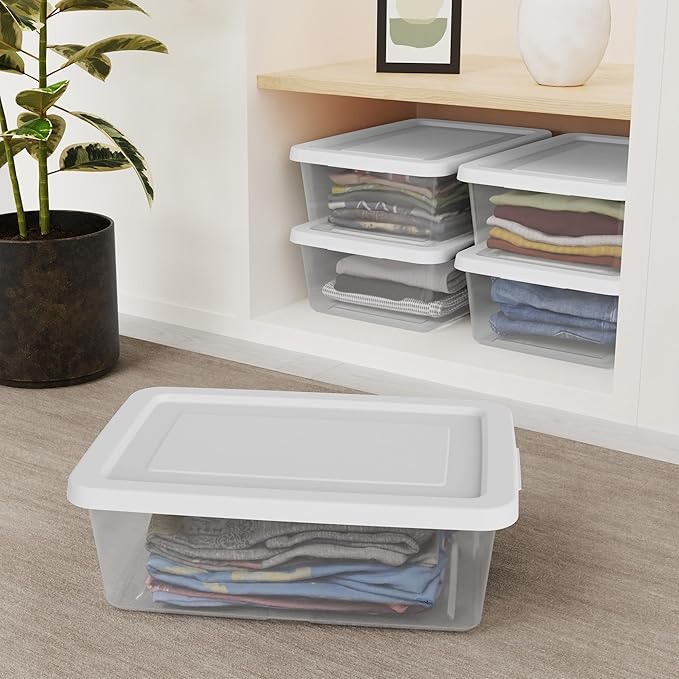 Sterilite Storage Box Stackable Tote, White, 12 Quart, 45 Pack | Clear Plastic Container with Secure Snapping Lids for Home and Office Organization