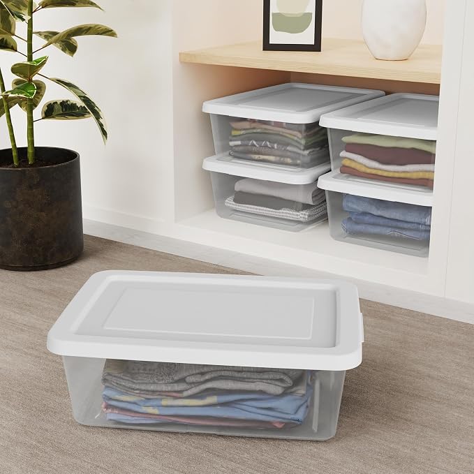 Sterilite Storage Box Stackable Tote, White, 12 Quart, 24 Pack | Clear Plastic Container with Secure Snapping Lids for Home and Office Organization