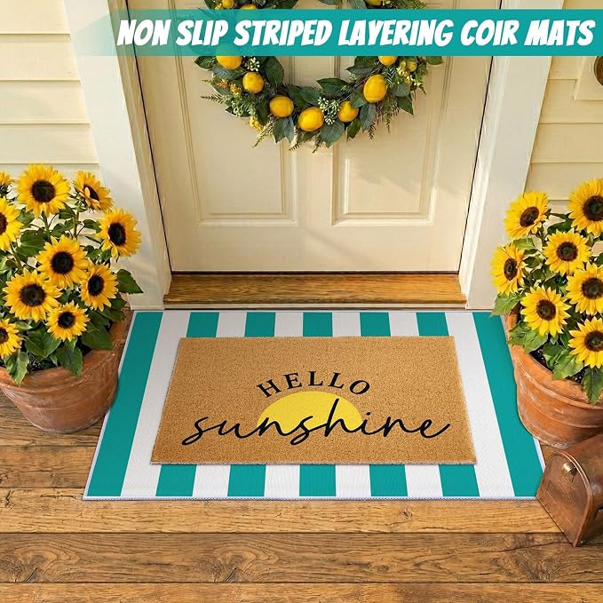 2 Pcs Layered Front Porch Decor, Hello Sunshine Welcome DoorMats Summer Coastal Entryway Rug Set, Light Blue White Striped Crystal Velvet Base and PVC Coil Door Mat, 15.7x23.6 & 23.6x31.5