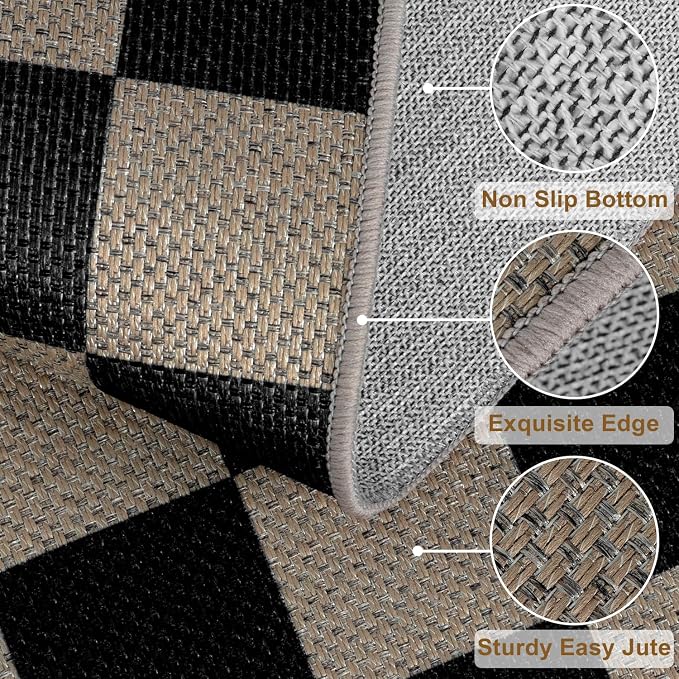 Rugalia Easy Jute Checkered Runner Rug, 2x6 Black Modern Washable Rugs Runner for Hallway Non-Slip Kitchen Runner Rug, Farmhouse Checkerboard Indoor Outdoor Carpet for Porch Laundry Entryway