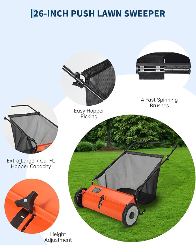 21in & 26in Heavy-Duty Push Lawn Sweeper - 4 Spinning Brushes, 3.5/7Cu. ft. Capacity, Adjustable Height for Grass, Leaves & Debris on All Terrains