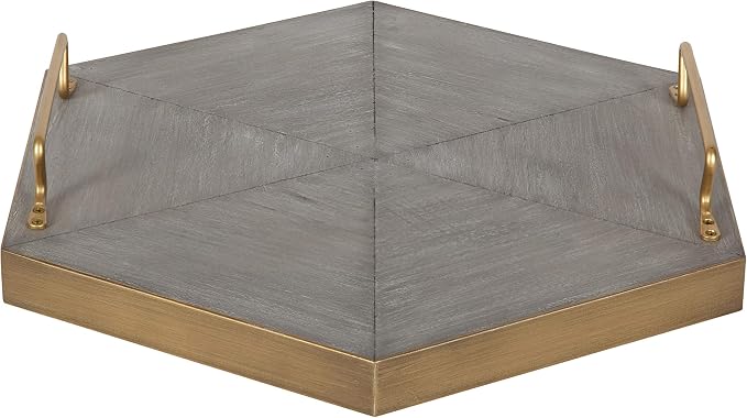 Kate and Laurel Sade Decorative Hexagon Tray with Handles, 16", Concrete Gray and Gold, Modern Tray for Ottoman, Centerpieces, Or Bathroom and Bedroom Decor