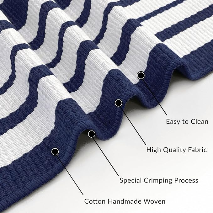 IOHOUZE Navy and White Striped Rug 3'x5' Front Door Rugs Outdoor, Washable Area Rug for Front Porch, Spring Summer Doormats Outdoor Indoor, Cotton Rugs for Entryway Porch Entrance