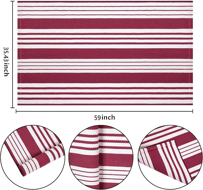 BUAGETUP Red and White Outdoor Rug 3'x 5' Hand-Woven Cotton Washable Rug Striped Front Porch Rug Indoor/Outdoor Area Rug Floor Mat for Farmhouse/Layered Door Mats/Living Room