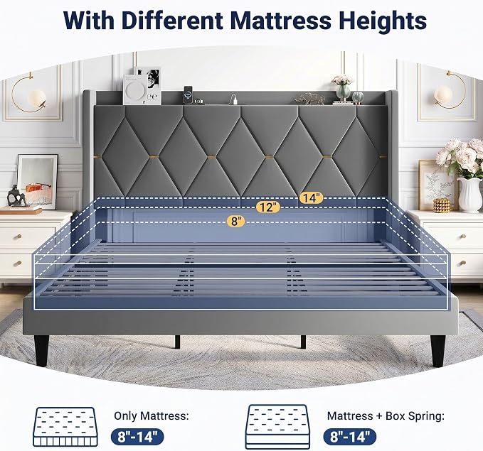 Allewie King Size Bed Frame with Storage Headboard & Charging Station | Diamond Tufted Design & Gold Trim, Velvet Upholstered Platform Bed, No Box Spring Needed, Easy Assembly, Noise-Free, Grey
