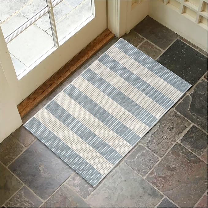 LEEVAN Door Mat Outdoor Entrance 2x3, Washable Striped Front Porch Rug, Blue and White Buffalo Welcome Mat, Spring Outside Entryway Rugs, Cotton Woven Indoor Outdoor Layered Doormats | Woven Front Porch Rug, Dusty Blue and White Welcome Door Mat, Sprin...