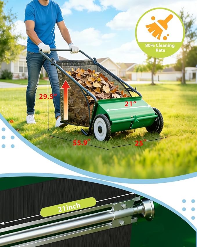 Garvee Push Lawn Sweeper,21-Inch Width Enhanced 4-Brush System with Large 3.5 cu. ft. Hopper Bag, Ideal for Yard and Garden Cleanup, Green | Brush Height Adjustment, All-Terrain Suitable, 3.5 cu.ft Hopper Bag, Durable Steel Frame, Easy Setup, Compact &...