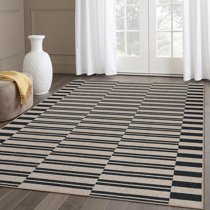 Lahome Striped Easy Jute Outdoor Patio Rug, 5x7 Dining Room Washable Rugs | Living Room Area Rug Black, Modern Farmhouse Neutral Non Slip Non Shedding Carpet for Porch Deck Classroom Entryway Office