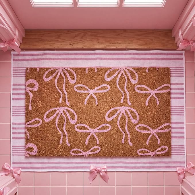 Moucuny 2 Pcs Pink Bow Coir Doormat Outdoor 16 x 28 Inches Coquette Welcome Door Mat 24 x 35 Inche Pink and White Striped Rug Non Slip Bow Coquette Coir Mats for Front Door Porch Entryway Decor