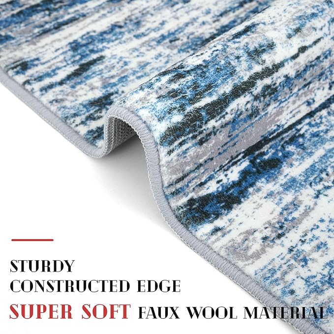 Lansny Modern Abstract Runner Rug 2x10, Grey Blue White Washable Long Kitchen Runner Non-Slip Soft Hallway Rug Runner Thin Print Faux Wool Carpet for Entryway Bedroom Laundry Room Indoor Home Decor
