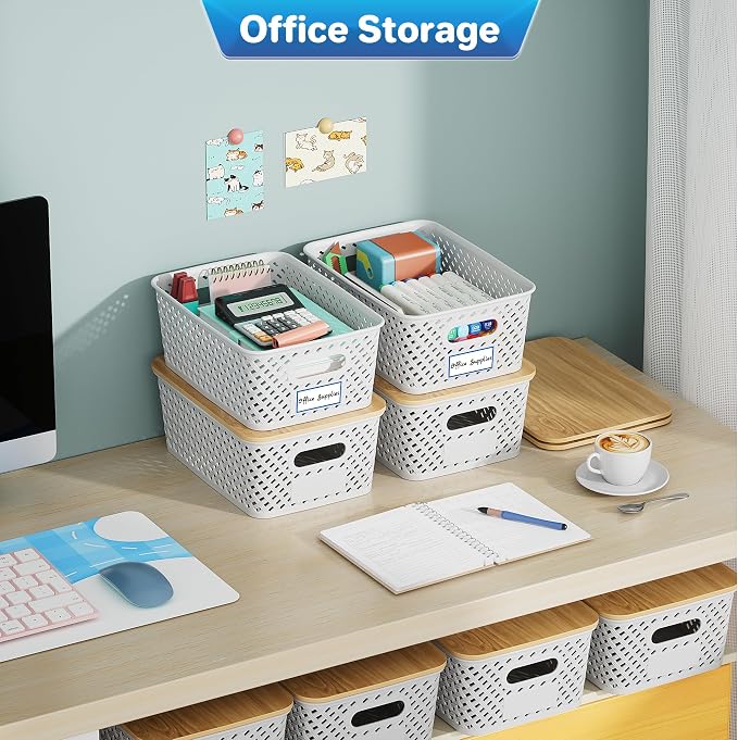 Anysig 8 Pack Plastic Storage Bins with Bamboo Lids, 5.2 QT Stackable Bins | Decorative Small Storage Basket Containers for Organizing Shelves Office Classroom Desktop Closet, Cream White