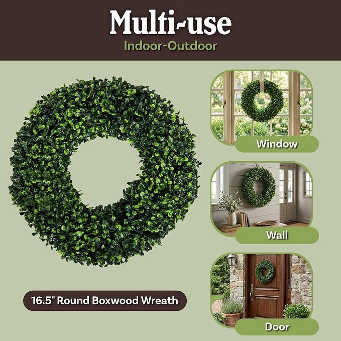 Pure Garden 16.5-Inch Boxwood Wreath Set of 2 - Round UV Resistant Artificial Spring, Winter, Fall, or Summer Wreath - Indoor/Outdoor Summer Wreaths for Front Door