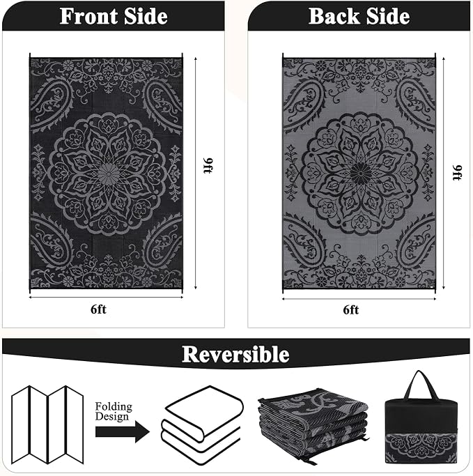 Pauwer Outdoor Rug 6x9, Waterproof Plastic Camping Rug, Boho Black Grey | Reversible Patio Rug, UV Resistant Indoor Outdoor RV Mat Carpet For Deck, Camper, Porch, Balcony, Backyard, Picnic, Foldable
