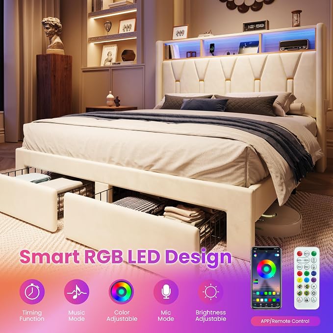SHA CERLIN Full Velvet Platform Bed Frame with 2 Storage Drawers, LED Storage Headboard with Charging Station, Upholstered Wingback Headboard, Noise-Free, No Box Spring Needed, Easy Assembly, White