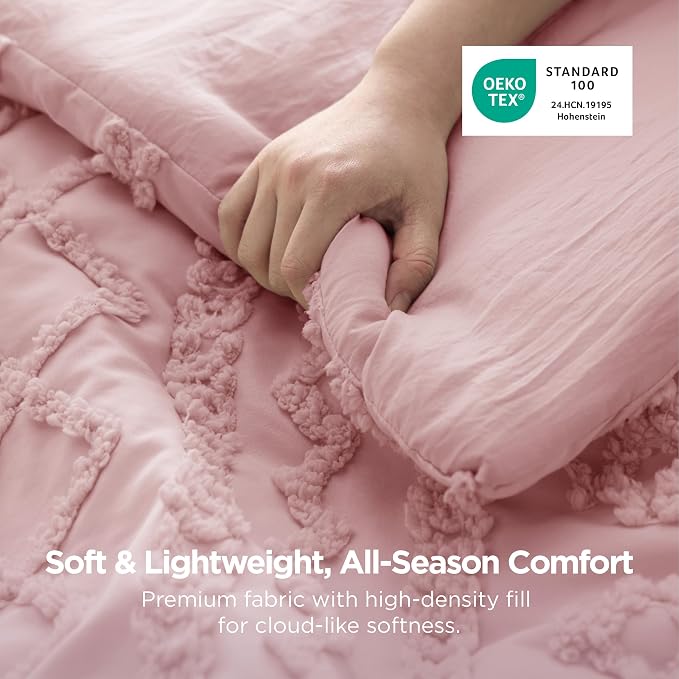 Bedsure Tufted Boho Comforter Set Queen Size - Pink Boho Bed Set, GentleSoft™ 3 Pieces Farmhouse-Style Embroidery Bedding, Gifts for Woman, Soft Jacquard Kids' Queen Comforter for All Seasons