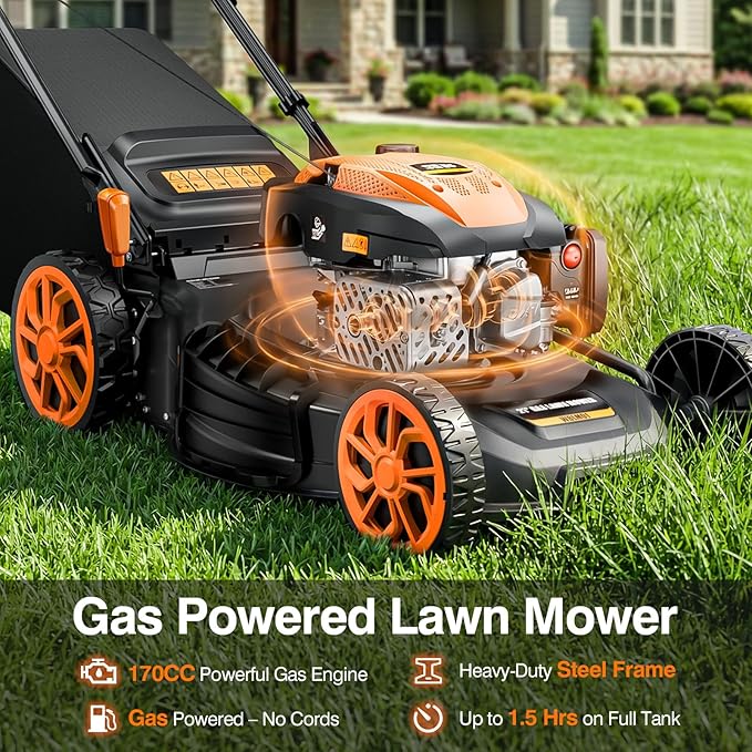 21" Lawn Mower Gas Self Propelled 170CC 4-in-1 Gas Lawnmower with Bag | Mulch/Rear Bag/Side Discharge/Rear Discharge, 7-Position Cutting Height, Foldable Handle for Garden Backyard
