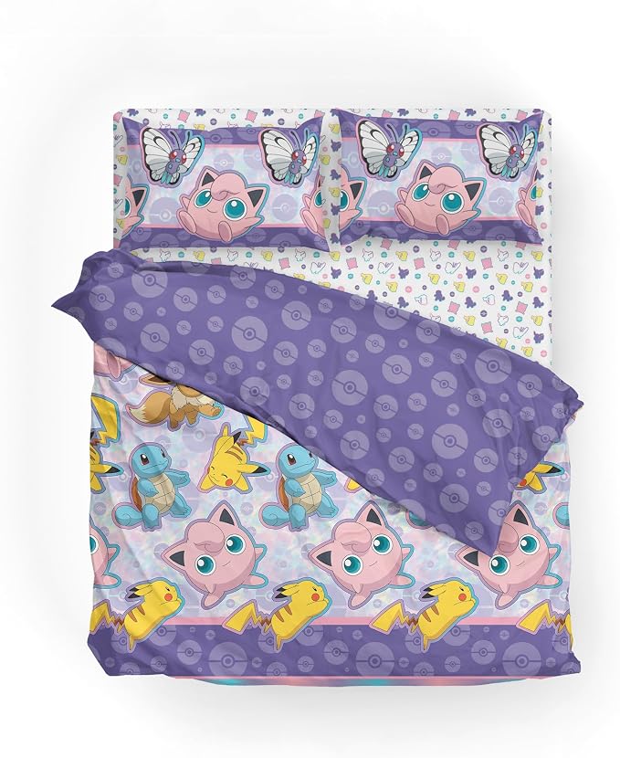 Northwest Pokemon Friendly Battle Full Size Bed in a Bag Set, Pikachu Eevee Jigglypuff Squirtle, Kids Boys Girls Bedding Comforter Sheets